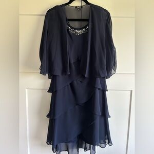 SLNY Blue Embellished Tiered Gown with Flutter Sleeve Shawl